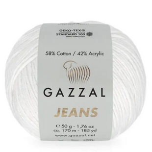 Пряжа Gazzal Jeans № 1119 білий, 170м/50гр, колір, 170м/50гр, 58% бавовна, для ручного в'язання спицями та гачком 1119 фото