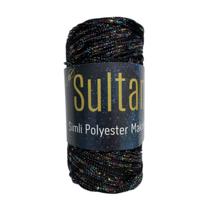 Пряжа Sultan SIMLI POLYESTER MAKROME (Сімлі Поліестер Макроме) №4270 чорний люрекс різнокольоровий, пряжа для сумок макраме 4270 фото