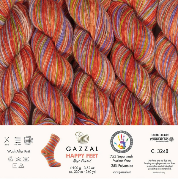 Пряжа Gazzal Happy Feet № 3248, 330м/100гр, 75% Superwash вовна мериноса, для ручного в'язання спицями та гачком 3248 фото