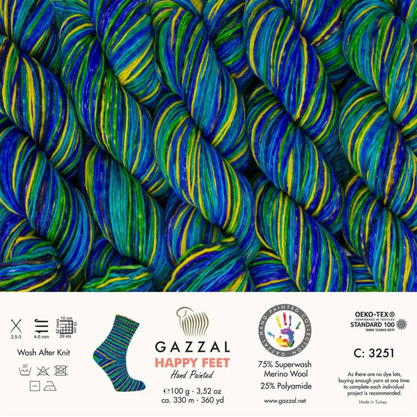 Пряжа Gazzal Happy Feet № 3251, 330м/100гр, 75% Superwash вовна мериноса, для ручного в'язання спицями та гачком 3251 фото