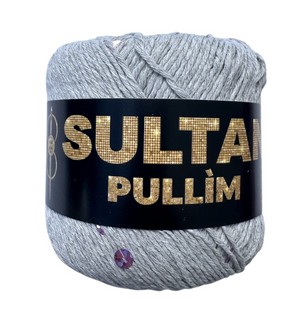 Пряжа Sultan PULLIM (Султан Пуллім) №4105 світло-сірий паєтка фіолетова, пряжа бавовна з паєткою, нитки для в'язання спицями та гачком 4105 фото