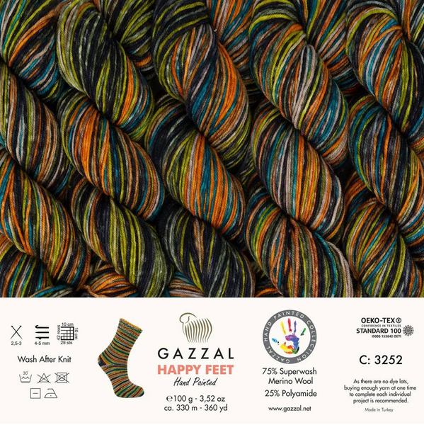Пряжа Gazzal Happy Feet № 3252, 330м/100гр, 75% Superwash вовна мериноса, для ручного в'язання спицями та гачком 3252 фото