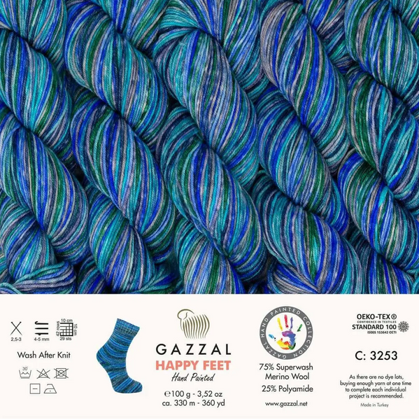 Пряжа Gazzal Happy Feet № 3253, 330м/100гр, 75% Superwash вовна мериноса, для ручного в'язання спицями та гачком 3253 фото