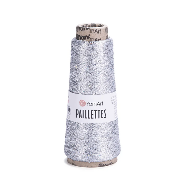 Пряжа Yarnart Paillettes №8001 срібло, люрекс з паєткою нитки для в'язання спицями та гачком спицями та гачком 8001 фото Пряжа Yarnart Paillettes №8001 срібло, люрекс з паєткою нитки для в'язання спицями та гачком спицями та гачком 8001 фото
