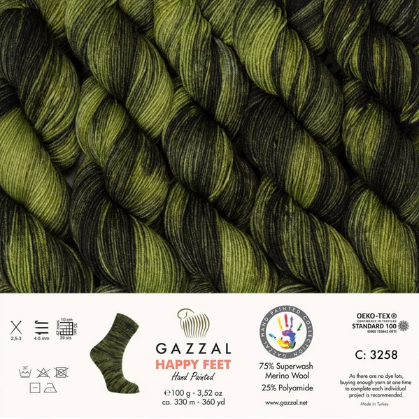Пряжа Gazzal Happy Feet № 3258, 330м/100гр, 75 % Superwash шерсть мериноса, для ручной вязки спицами и крючком 3258 фото