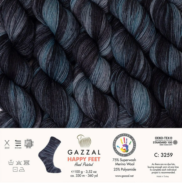 Пряжа Gazzal Happy Feet № 3259, 330м/100гр, 75% Superwash вовна мериноса, для ручного в'язання спицями та гачком 3259 фото