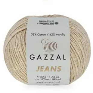 Пряжа Gazzal Jeans № 1120 світло-бежевий, 170м/50гр, колір, 170м/50гр, 58% бавовна, для ручного в'язання спицями та гачком 1120 фото