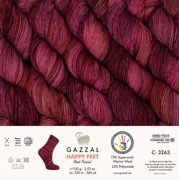 Пряжа Gazzal Happy Feet № 3263, 330м/100гр, 75% Superwash вовна мериноса, для ручного в'язання спицями та гачком 3263 фото