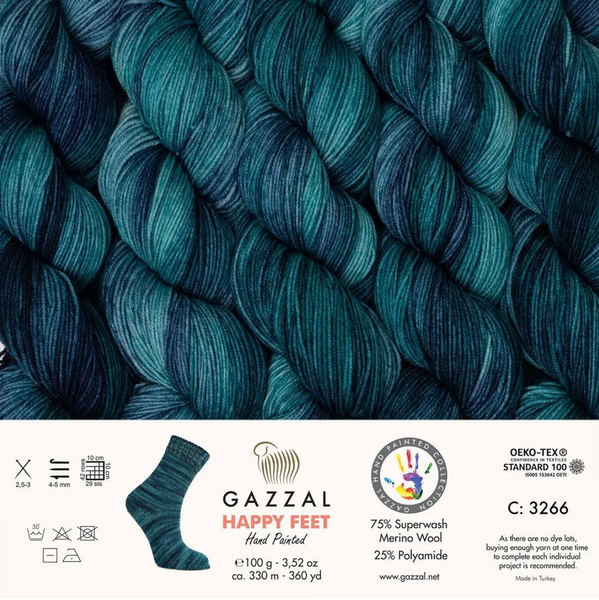 Пряжа Gazzal Happy Feet № 3266, 330м/100гр, 75% Superwash вовна мериноса, для ручного в'язання спицями та гачком 3266 фото