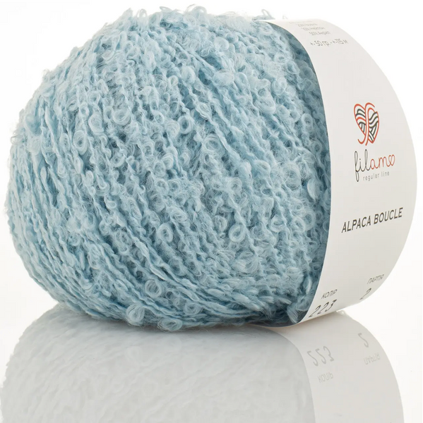 Пряжа Filamo Alpaca Boucle (Альпака Букле) №223 блакитний, напіввовняна нитки для в'язання спицями і гачком 223 фото Пряжа Filamo Alpaca Boucle (Альпака Букле) №223 блакитний, напіввовняна нитки для в'язання спицями і гачком 223 фото