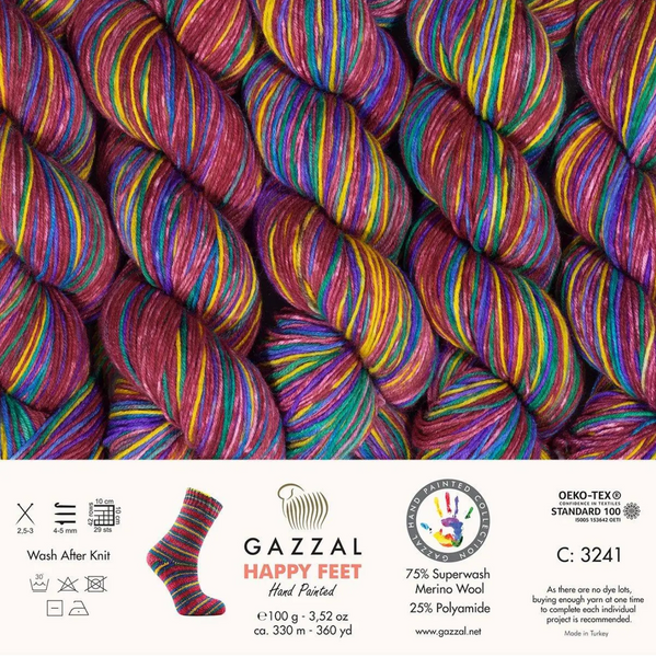 Пряжа Gazzal Happy Feet № 3241, 330м/100гр, 75% Superwash вовна мериноса, для ручного в'язання спицями та гачком 3241 фото