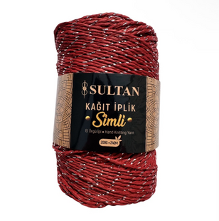 Пряжа Sultan KAGIT IPLIK SIMLI (Кагіт Іплік Сімлі) №113 червоний люрекс срібло, натуральна рафія для в'язання капелюхів, сумок 113 фото