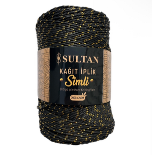 Пряжа Sultan KAGIT IPLIK SIMLI (Кагіт Іплік Сімлі) №268 чорний люрекс золото, натуральна рафія для в'язання капелюхів, сумок 268 фото
