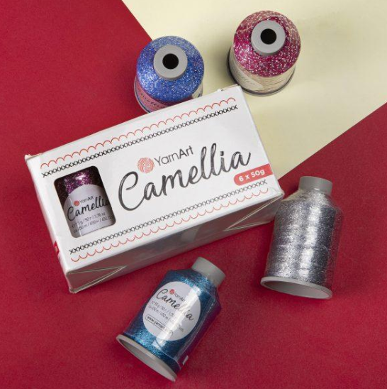 Пряжа YarnArt Camellia New №417 блакитний блістер срібло, пряжа з металевим блістером, для ручного в'язання спицями та гачком 417 фото