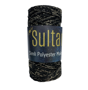 Пряжа Sultan SIMLI POLYESTER MAKROME (Сімлі Поліестер Макроме) №2270 чорний люрекс золото, пряжа для сумок макраме 2270 фото