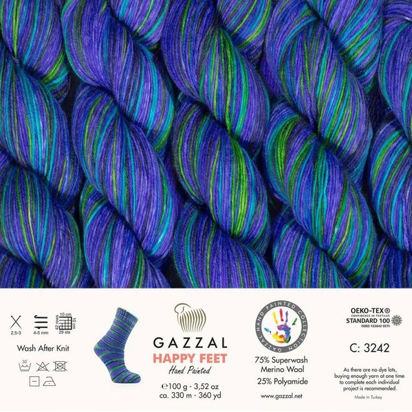 Пряжа Gazzal Happy Feet № 3242, 330м/100гр, 75% Superwash вовна мериноса, для ручного в'язання спицями та гачком 3242 фото