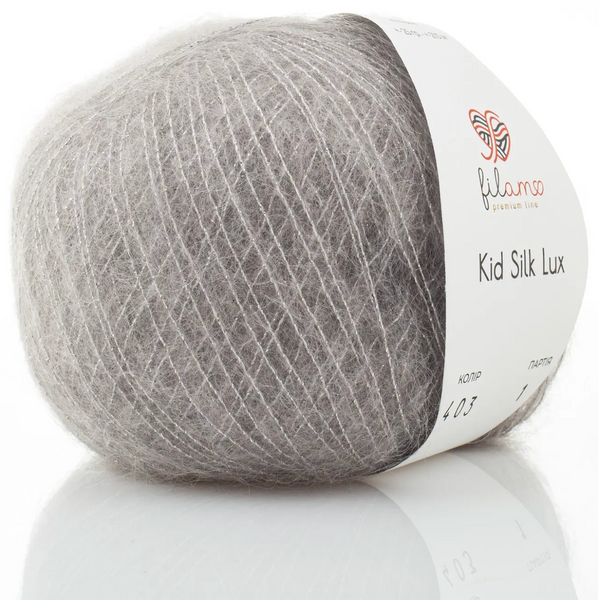 Пряжа Filamo Kid Silk Lux (Кід Сілк Люкс) №403 сірий тауп, мохер з шовком та люрексом нитки для в'язання спицями і гачком 403 фото Пряжа Filamo Kid Silk Lux (Кід Сілк Люкс) №403 сірий тауп, мохер з шовком та люрексом нитки для в'язання спицями і гачком 403 фото