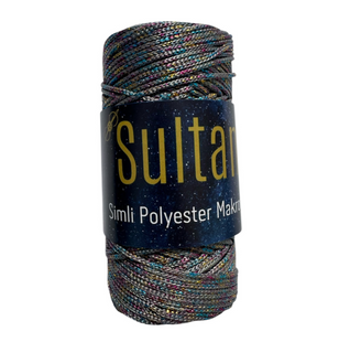 Пряжа Sultan SIMLI POLYESTER MAKROME (Сімлі Поліестер Макроме) №4064 сірий люрекс різнокольоровий, пряжа для сумок макраме 4064 фото