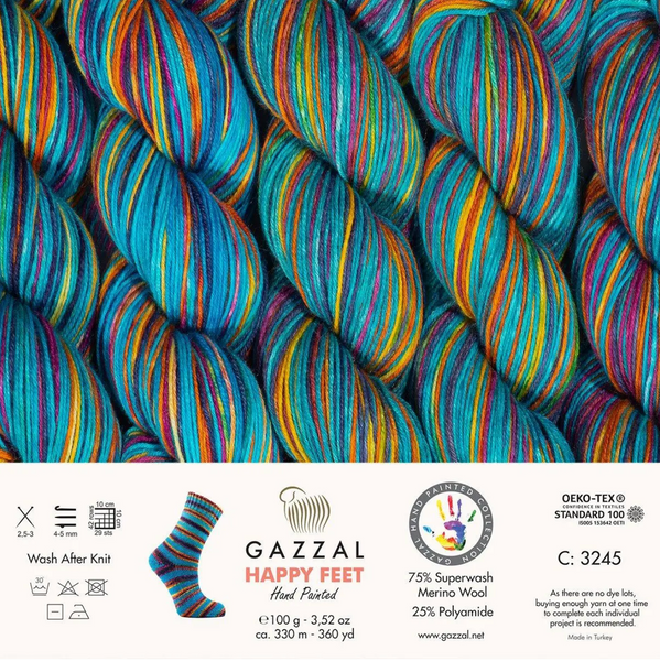 Пряжа Gazzal Happy Feet № 3245, 330м/100гр, 75 % Superwash шерсть мериноса, для ручной вязки спицами и крючком 3245 фото