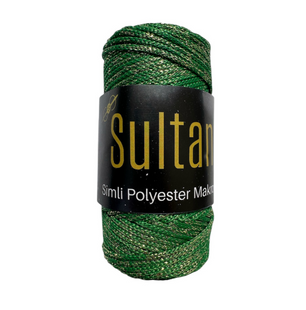 Пряжа Sultan SIMLI POLYESTER MAKROME (Сімлі Поліестер Макроме) №2172 зелений люрекс золото, пряжа для сумок макраме 2172 фото
