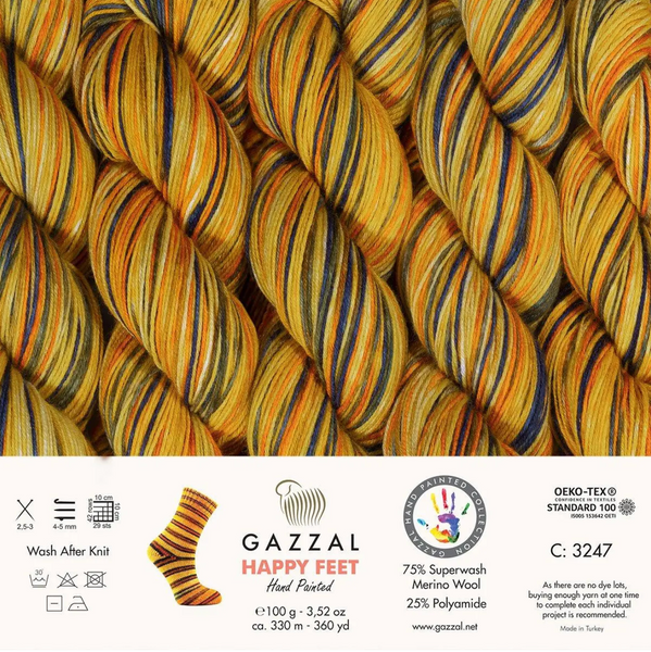 Пряжа Gazzal Happy Feet № 3247, 330м/100гр, 75% Superwash вовна мериноса, для ручного в'язання спицями та гачком 3247 фото